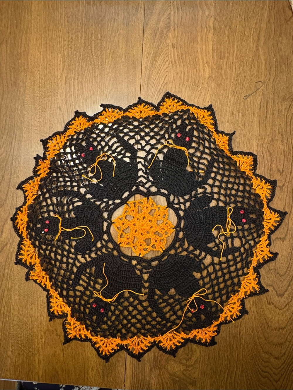 Vintage handmade Halloween black cat doily